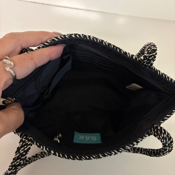 The Sak Black White Crochet Knit Small Purse Double Handles Lined Top Zipper - Picture 3 of 7